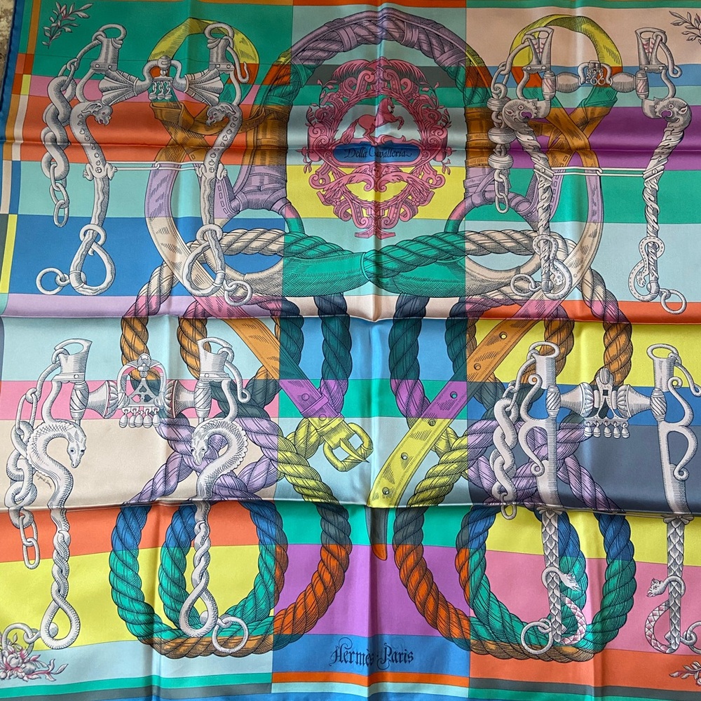 Hermes Double Face Silk - Della Cavalliera - vert/jaune vif/mauve - RARE!